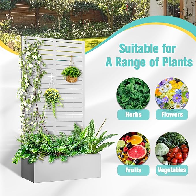 71x35x16 Metal Planter Box with Trellis Raised Garden Bed with Trellis Planter Box &amp Privacy Screen for Climbing Plants Vegetable Vines(White Louvered)