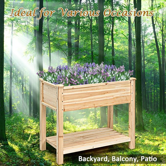S AFSTAR Raised Garden Bed with Storage Shelf Elevated Cedar Wood Planter Box with Legs Outdoor Gardening Planting Bed for Vegetables Flower Herb Grow Great for Backyard Patio Lawn
