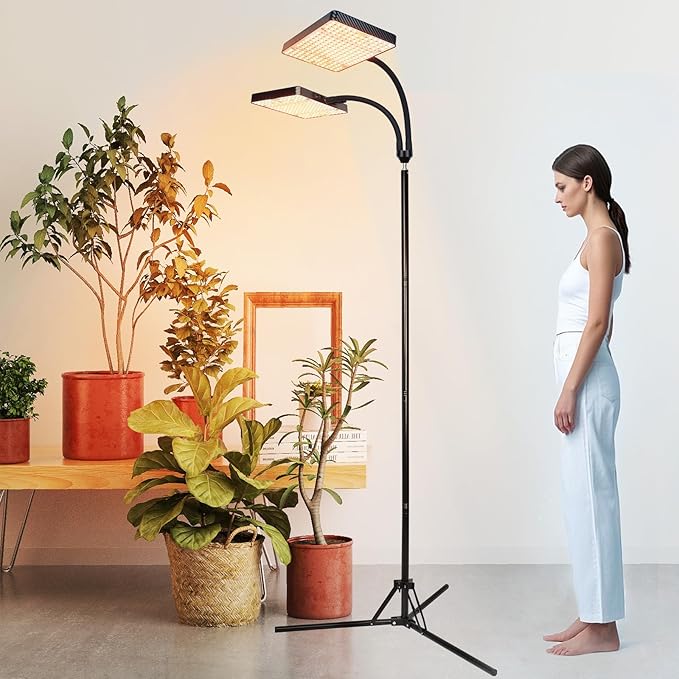 FECiDA 2026 2Head Grow Lights with Upgraded Stand Big Coverage Grow Lights for Indoor Large Plants Bonsai Tree 4/8/12/16/20 Hr Timer 50 Watt Power Draw NO Need Adapter 24-76 Height Adjustable