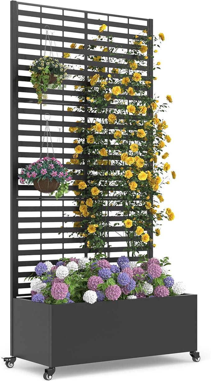 Metal Planter Box with Trellis 73x 35x 16 Raised Garden Bed with Wheels and Drainage Holes Planter with Trellis for Garden Balcony and Patio Black Louvered