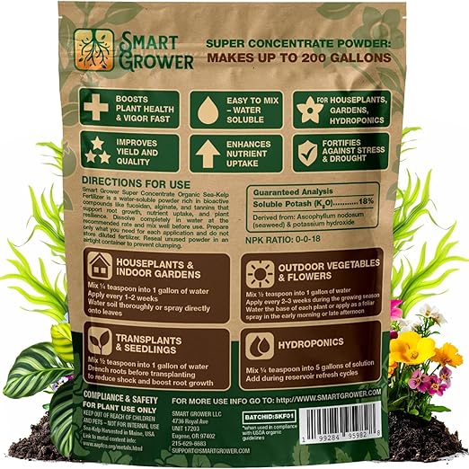 Organic Sea Kelp Fertilizer for Plants – Water-Soluble – Makes 200 Gallons – Kelp Meal Concentrate Plant Food – for Indoor Gardens Hydroponics Vegetables Houseplants - Smart Grower - 8oz Bag