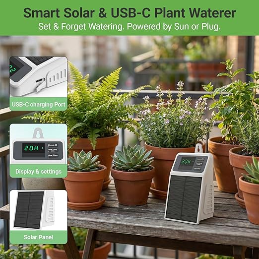 Automatic Solar drip Irrigation System (Solar/USB-C Dual Power) DIY Solar Watering System with Programmable Timer for 15 Potted Plants IPX5 Auto Watering Kit for Indoor Balcony Garden &amp Vacati