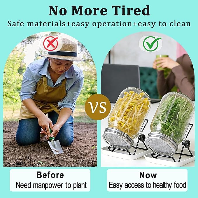 Seed Sprouting Kit 2 Large 1000ML Wide Mouth Mason Jars with Sprout Lids Drain Tray Stainless Steel Stand Cleaning Brush Sprouts Growing Kit for Sprouts Bean Broccoli