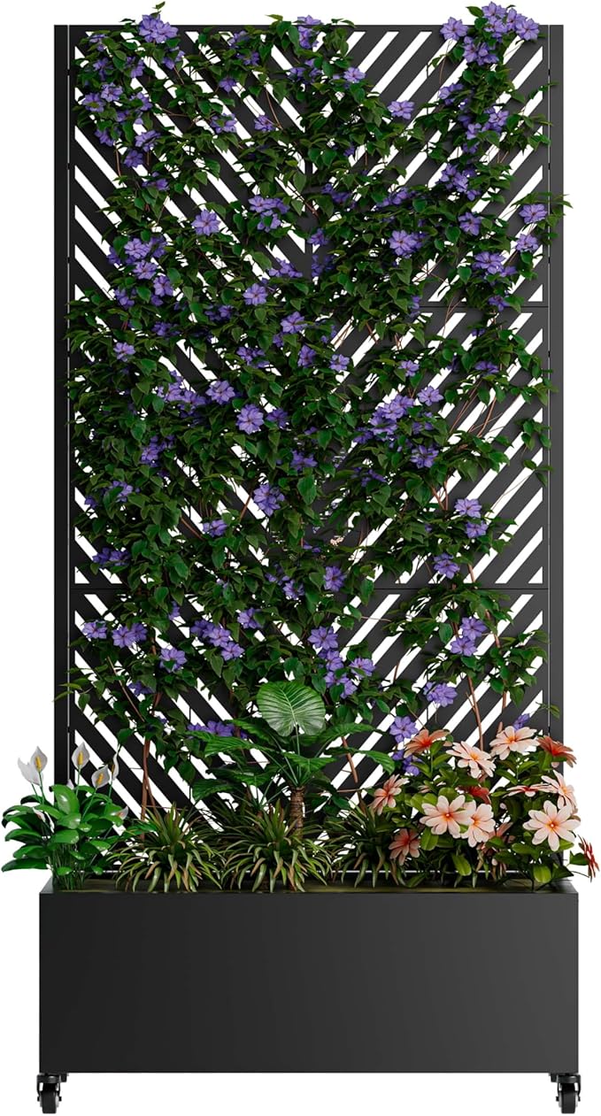 Metal Planter Box with Trellis &amp Wheels Outdoor Privacy Planters for Patio Mobile Raised Garden Bed with Trellis for Climbing Plants Balcony &amp Backyard (Black 6)