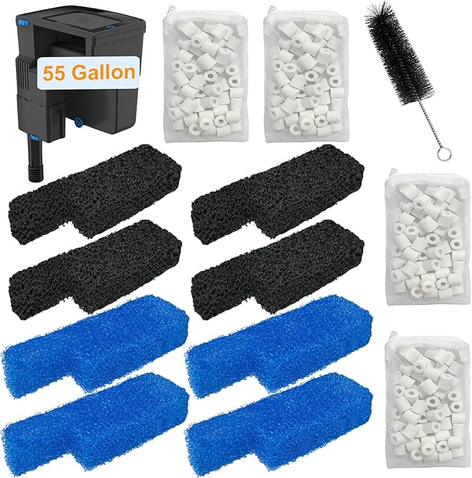 17 Set Aquarium Filter Media Replacement Kit Compatible with Seachem Tidal 55 Gallon (200 Liters) Large Aquarium Fish Tank Filter Includes Brush Carbon Sponge Ceramic Rings Blue Foam Filters