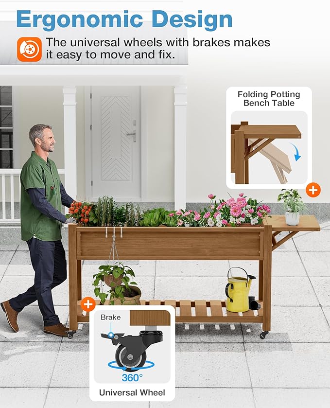 YEFU Raised Garden Bed with Legs: 57x18x30in Elevated Poly Planter with WheelsWaterproof Mobile Raised Bed Garden Elevated Planter Box Stand with Storage Shelffor HerbCarrotTomato (Teak4pcs)