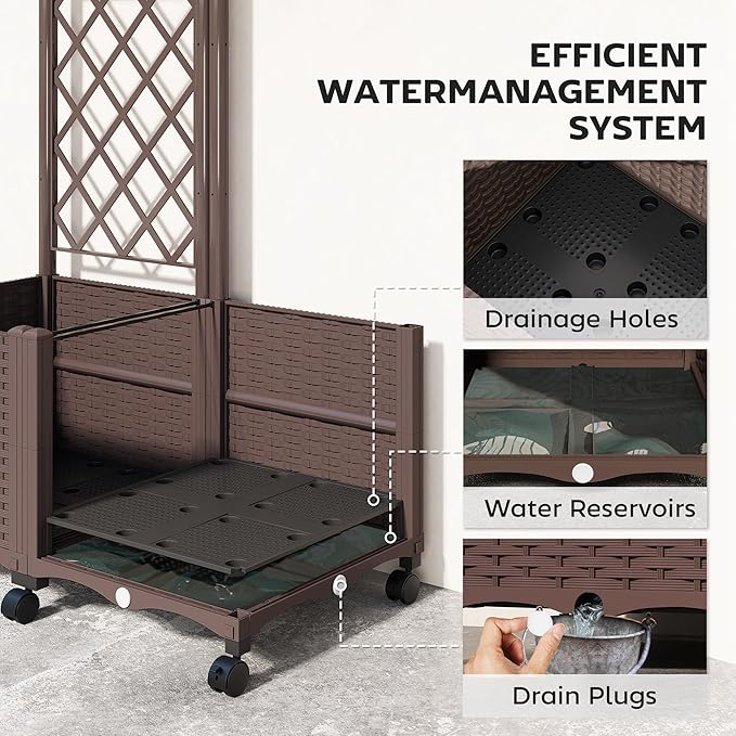 Outsunny Planter Box with Trellis Self Watering Raised Garden Bed with Lockable Wheels 56.3 Trellis Privacy Planter with Drainage Holes for Climbing Plants Vines Vegetables Flowers Brown