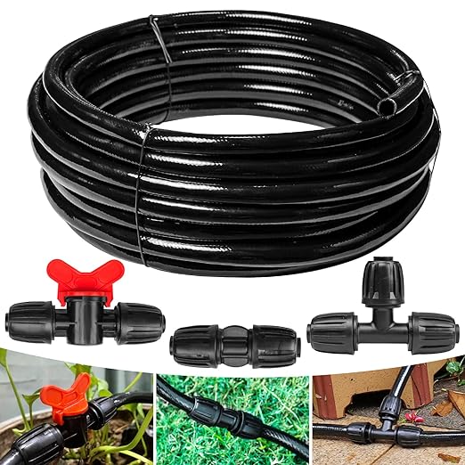 40 FT 1/2 inch Drip Irrigation Irrigation kit Main Line Supply Hose Tube for Garden Irrigation System (Includes 1/2 Straight Connector 3-Way Connector Switch Valve) Black