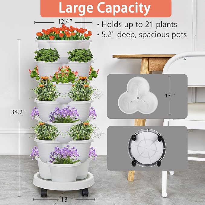 VECELO 7 Tier Vertical Garden Planter Self Watering Stackable Planters with Wheels for Strawberries Herbs Flowers Vegetables White