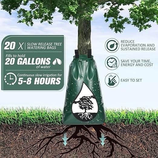 Tree Watering Bags Slow Release 3 Pack 20 Gallon - Water Bags for Trees with One-Way Zipper Wide Fill Opening &amp Handles - PVC Drip Irrigation Bag for Newly Planted &amp Established