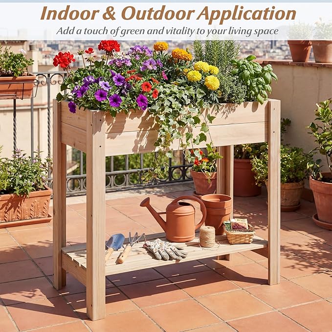 HAPPYGRILL Wooden Raised Garden Bed with Legs Elevated Planter Box w/Storage Shelf Drainage Liner Outdoor Solid Wood Gardening Box for Vegetables Herbs Flower Backyard Patio Balcony Indoor