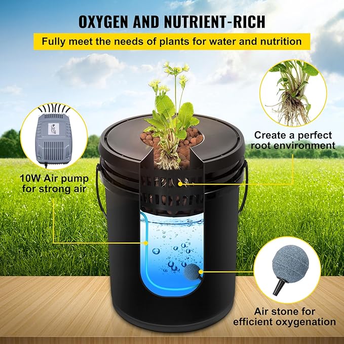 VEVOR DWC Hydroponic System 5 Gallon 5 Buckets Deep Water Culture Growing Bucket Hydroponics Grow Kit with Pump Air Stone and Connected Reservoir for Indoor/Outdoor Leafy Vegetables