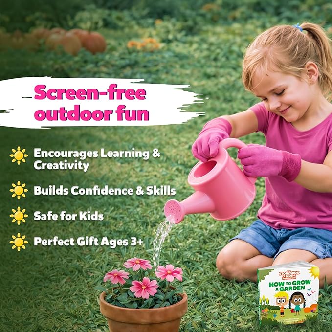 Pink Kids Gardening Tools - Includes Sturdy Tote Bag Watering Can Gloves Shovels Garden Stakes and a Delightful Children's Book How to Garden Tale - Kids Garden Tool Set for Toddler Age on up.
