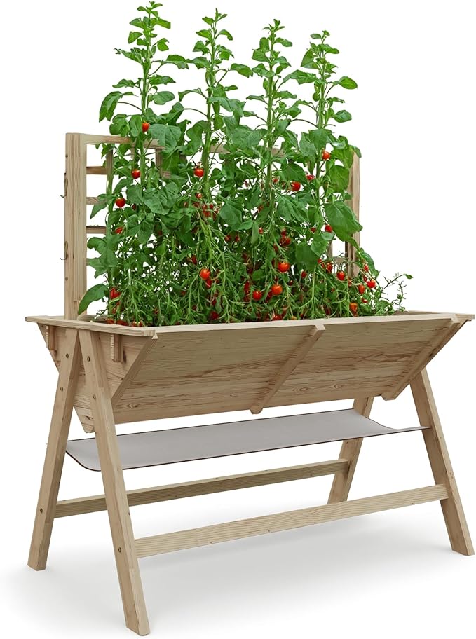 GarveeLife 52x30x54 Inch Tall Elevated Garden Bed with Legs Standing Raised Planter Box with Climbing Trellis for Vegetables Flowers Herbs Outdoor Wooden Standing Garden Bed-Natural