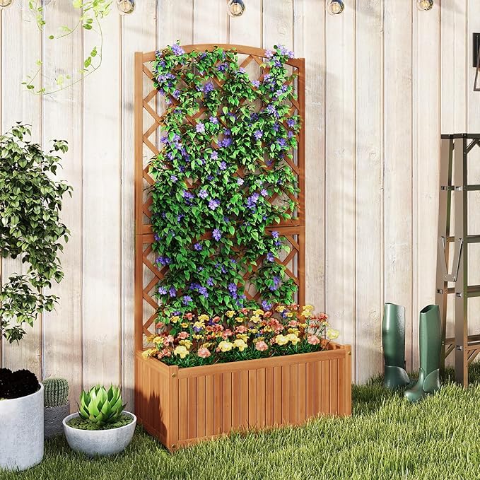 HAPPYGRILL Wooden Raised Garden Bed with Trellis 63 Tall Planter Box with Trellis &amp Slat Bottom Base Vine Climbing Plants Flowers Outdoor Freestanding Garden Box for Backyard Balcony (1)