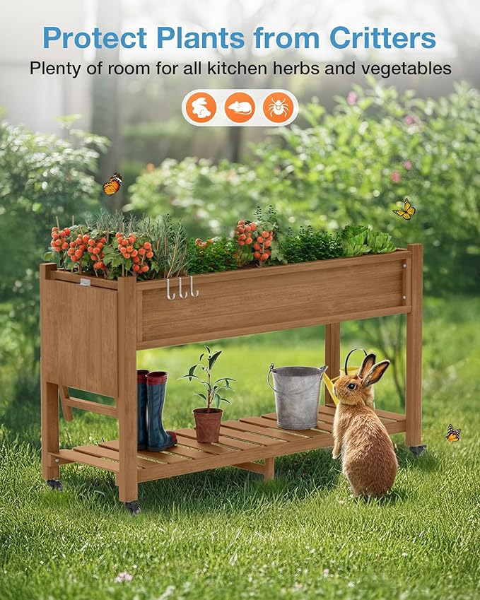 YEFU Raised Garden Bed with Legs: 57x18x30in Elevated Poly Planter with WheelsWaterproof Mobile Raised Bed Garden Elevated Planter Box Stand with Storage Shelffor HerbCarrotTomato (Teak4pcs)