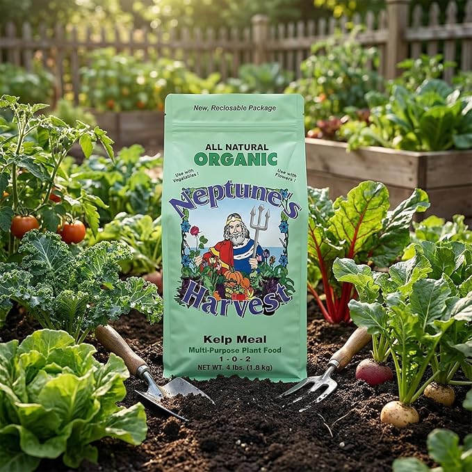Neptune’s Harvest Organic Kelp Meal Plant Food (1-0-2) - 4 lb Resealable Bag - Multi-Purpose Seaweed Fertilizer - Indoor &amp Outdoor Plant Fertilizer for Lawns Gardens Vegetables &amp Bulbs