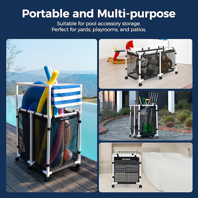 Pool Storage Bin 105 Gallons Holder for Noodles Toys Floats Towels Mesh Organizer for Swimming Equipments Basic Pro Style