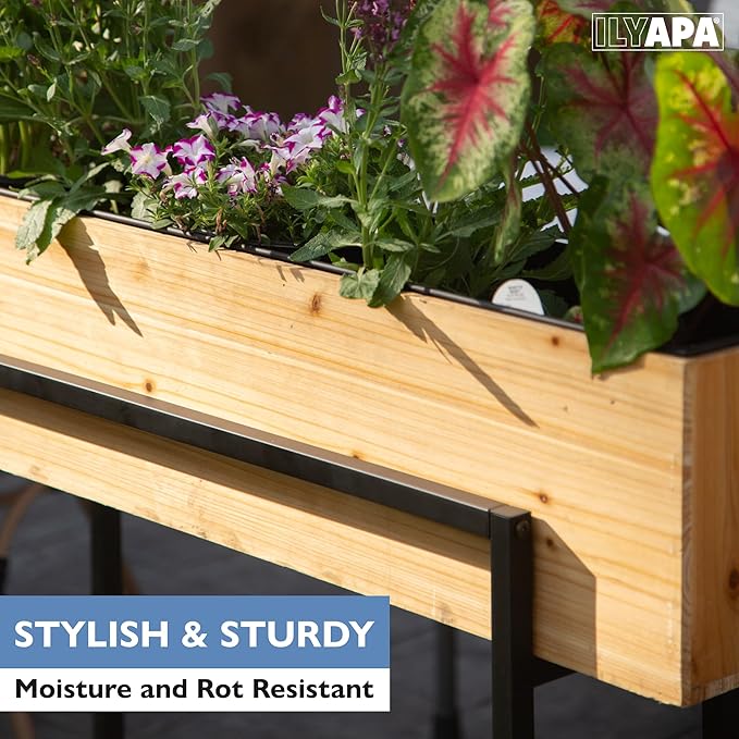 Ilyapa Raised Standing Planter with Legs Metal and Wood Elevated Planter Box 33x35.5x7 Indoor Outdoor Perfect for Living Room Front Porch