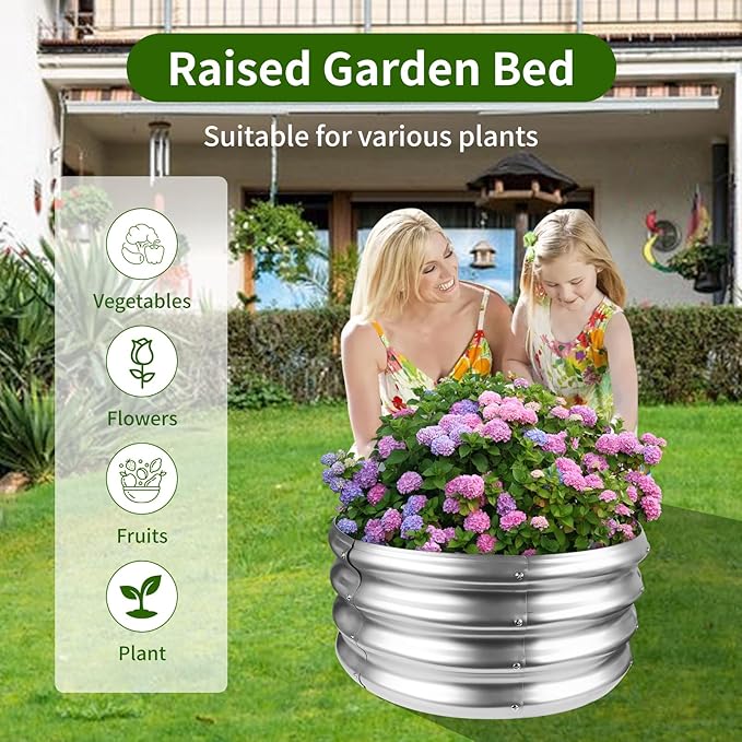 Galvanized Raised Garden Bed Round Metal Planter Box for Vegetables 2x2x1ft Outdoor Gardening Kit Flower Helb