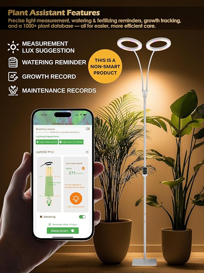 GLOWRIUM Grow Lights for Indoor Plants Full Spectrum LED Grow Light Stepless Dimming3 Lighting Mode and Adjustable Height Plant Light with 3/9/12/16H Timer (White 48W)