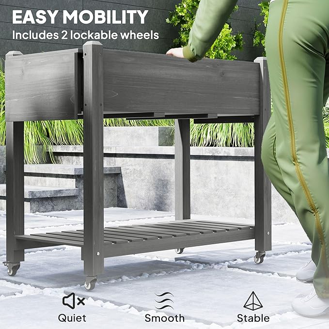 Wood Garden Bed Raised with Heavy-Duty Lockable Wheels Sturdy Side Tables Adjustable Bottom Shelf Professional Drainage Holes and Natural Gray Finish