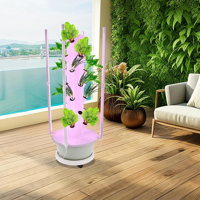 28 Holes 7 Tier Hydroponic Growing Tower Indoor Vertical Garden Kit w/LED &amp Timer 7.92Gal Tank Auto Water Circulation Space-Saving. Grow Flowers Veggies Herbs Strawberries. Easy Assembly