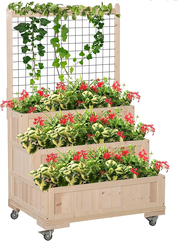 3 Tiers Raised Garden Bed with Trellis 53 H Vertical Planter Box with Wheels Back Storage Area for Flowers Vegetables Herbs Natural