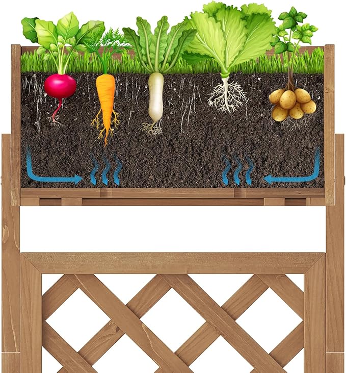 Raised Garden Bed with Diamond Lattice TrellisWood Planter Box Stand for Backyard Patio BalconyOutdoors (Brown)