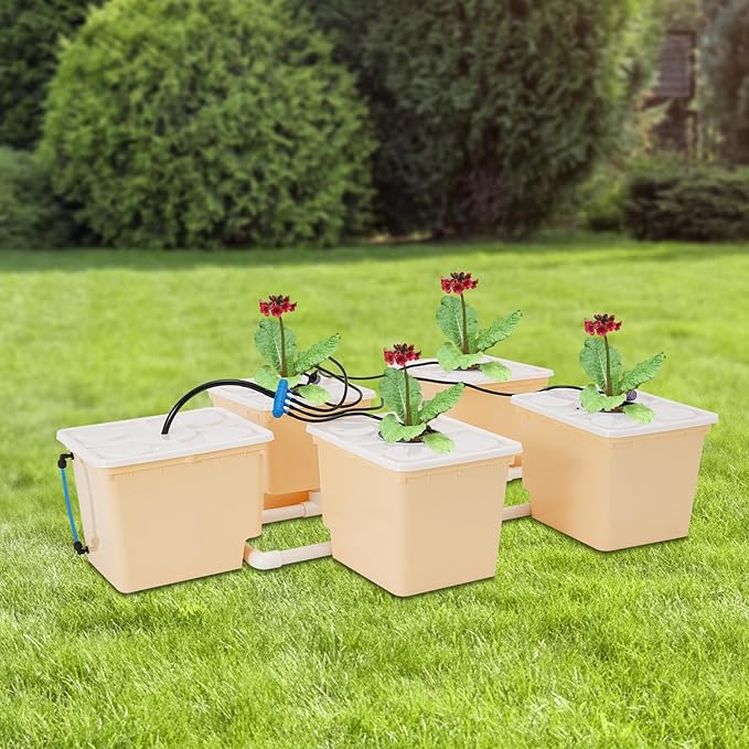DWC Hydroponics Grow System with Top Drip Kit Plant Buckets Kit 3-Gallon Water Culture Recirculating Drip Garden System with Multi-Purpose Multi-Purpose Air Hose Air Pump and Air Stone