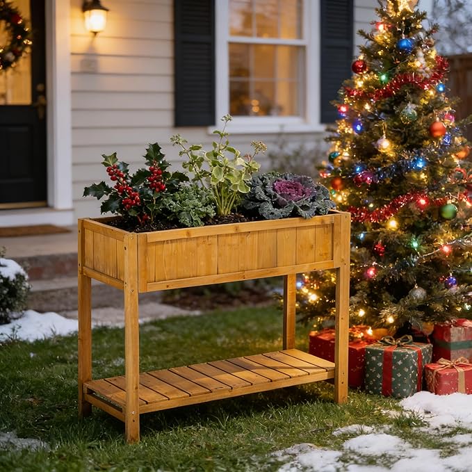 Premium Fir Wooden Raised Garden Bed with Four Legs for Backyard and Balcony GardeningSuitable for Indoor and Outdoor useBottom with Storage Rack35.04''×13''×29.92''