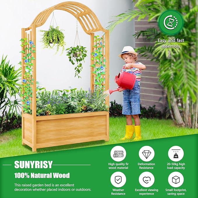 SUNYRISY Raised Garden Bed with Arch Trellis Wooden Outdoor Vertical Planter Box for Climbing Plant Vine Flowers Vegetables Planter Raised Bed with Hanging Roof and Drainage Holes