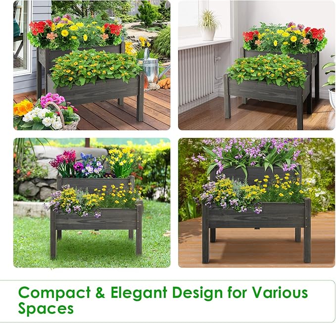 RELAX4LIFE 2-Tier Raised Garden Bed - Fir Wood Garden Elevated Planter Box with Legs 8 Drainage Holes220 Capacity for Growing Vegetable Elevated Garden Bed for Outdoor Yard Patio Balcony (Gray)