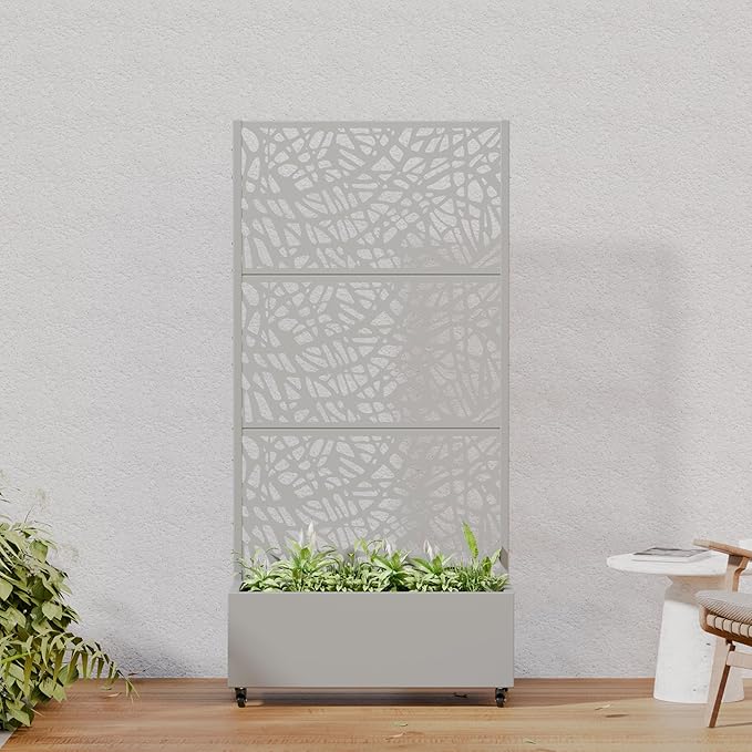 Casaphoria Metal Raised Garden Bed with Trellis and Wheels 72x35x16 Planter Box for Climbing Plants Vegetables &amp Vines Features Drainage Holes and Privacy Screen Grey-Net