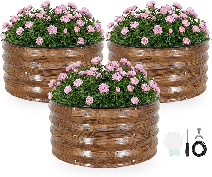 INNO STAG 3 Pcs Round Galvanized Raised Garden Bed — 2×2×1ft Planter Box Outdoor Raised Beds Kit for Gardening Vegetables Fruits Herbs and Flowers Grain