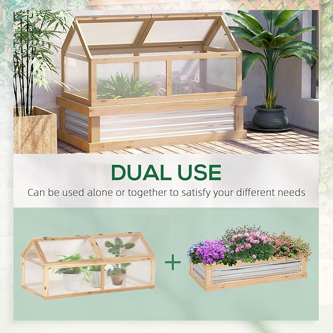 Raised Garden Bed with Polycarbonate Greenhouse Wooden GCold Frame Greenhouse Flower Planter Protection 48 x 24 x 32 Natural