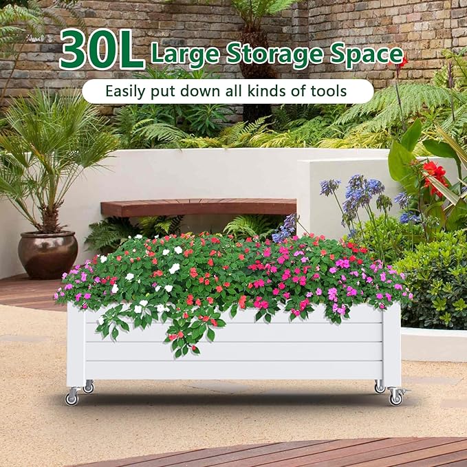 Vixzen Raised Garden Bed with Wheels OutdoorResin Weatherproof Planter Box with Drain Hole and Water Level Detectorfor Planting Plants Vegetables(Ashen 43.31 * 17.72 * 17.56)