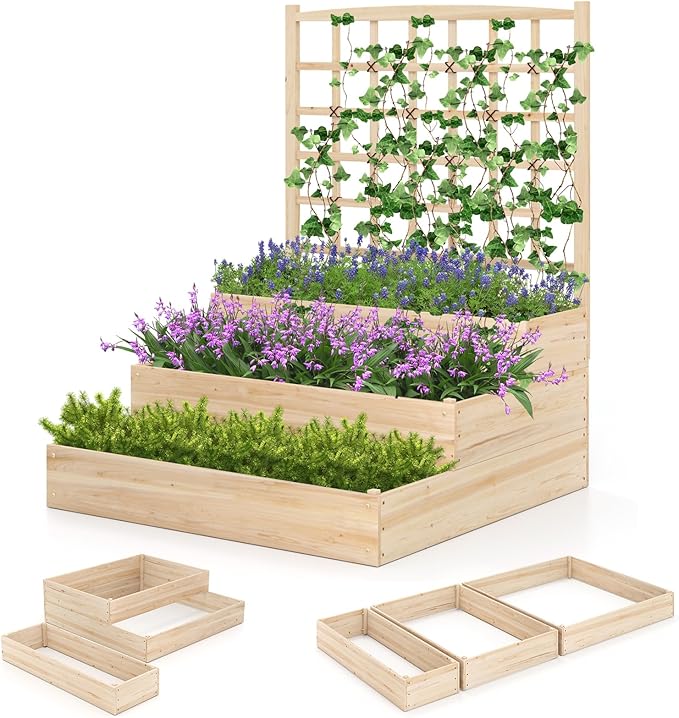 Giantex 3-Tier Raised Garden Bed with Trellis and 3 Planter Boxes Outdoor Open-Ended Wood Raised Bed for Planting and Vines Flowers Vegetables Growing 44x45x56