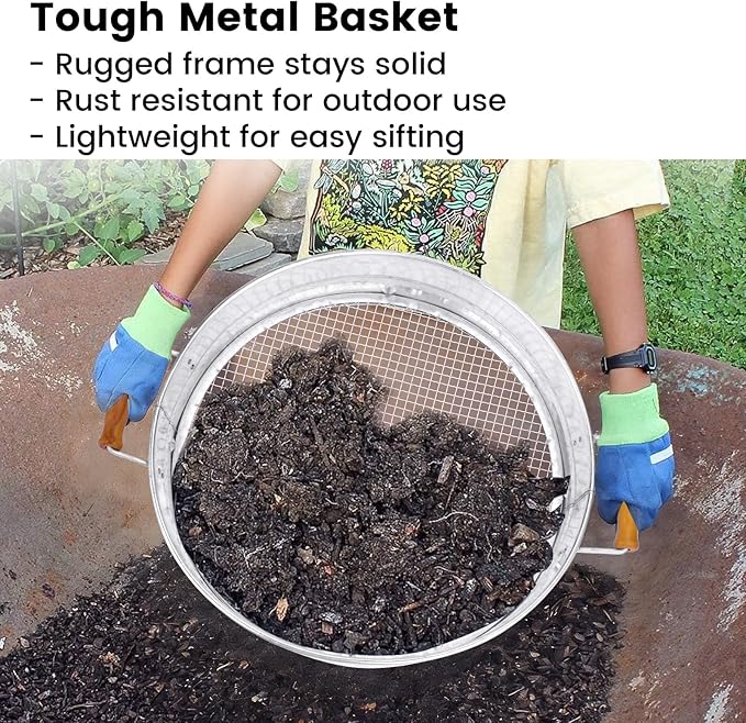 Soil Sifter with Handle for Gardening-14 inches Large Stainless Steel Soil Sieve with 6mm Mesh Screen-Garden Sifter for Dirt Rocks Compost Gravel Pellet Sand