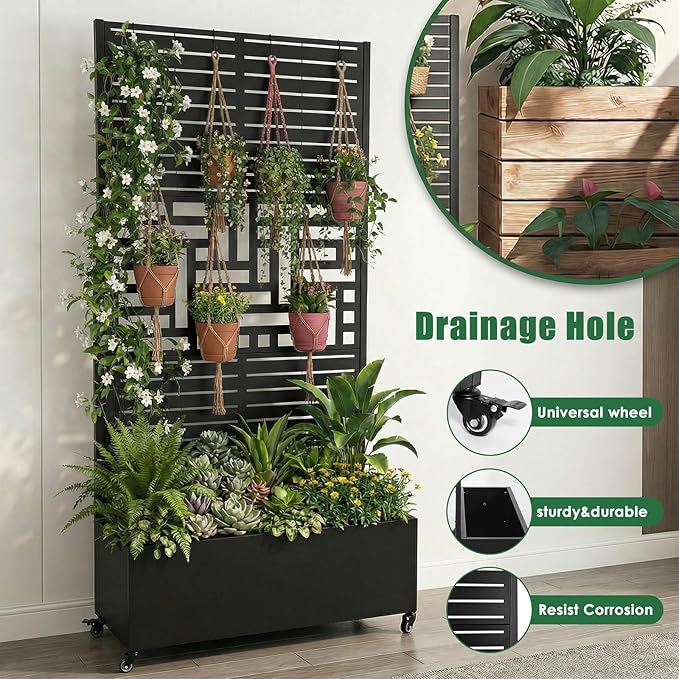 Metal Planter with Trellis &amp Wheels 70.87x35.43x15.75 Inch Raised Garden Bed with Trellis Privacy Planters for Patio Garden Bed for Climbing Plants (01)