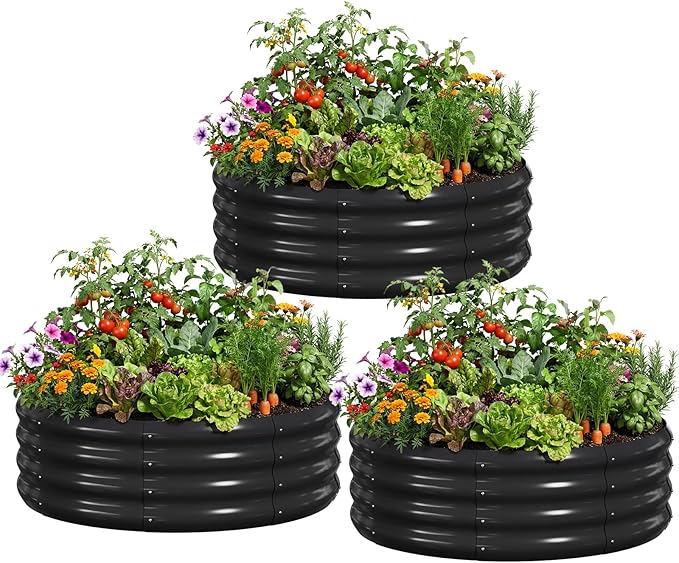 DoCred 3 Pack 3x3x1Ft Round Galvanized Raised Garden Bed Metal Garden Bed Outdoor Kit for Gardening Above Ground Planter Box for Plants Vegetables Herbs Flowers Black