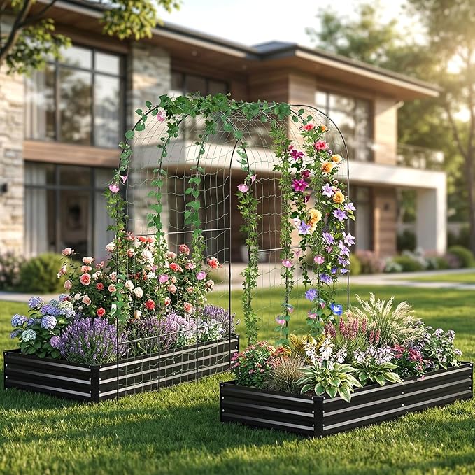 DTIG Galvanized Raised Garden Bed with Trellis 6×3×1 FT 2 Pack Outdoor Garden Bed Upgraded 4×3 Support Black