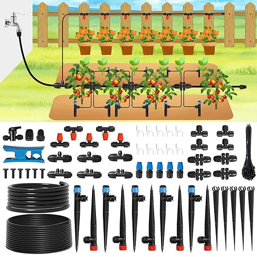 Drip Irrigation Kit Automatic Watering System 115FT Misting Sprinkler DIY Devices with 1/4 &amp 1/2 Tubing Hose Adjustable Nozzle Emitters Quick Connectors for Greenhouse Garden Patio
