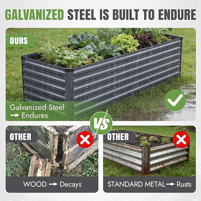 INNO STAGE 8x3x2ft Galvanized Raised Garden Bed Raised Garden Bed Kit-Metal Planter Box Outdoor Planting for Vegetables Fruits Herbs Flowers Grey