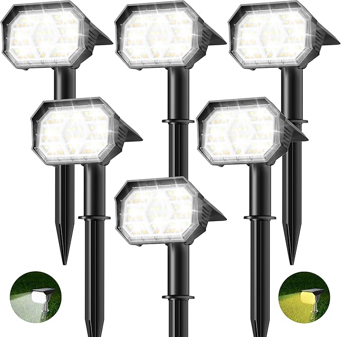 Brightown 6Pack Solar Spot Lights Outdoor [Cool &amp Warm Light 2-in-1] IP67 Solar Lights Outdoor Waterproof with 1800mAh Two Mounting Methods Outdoor Solar Lights for Yard Garden and Pathway