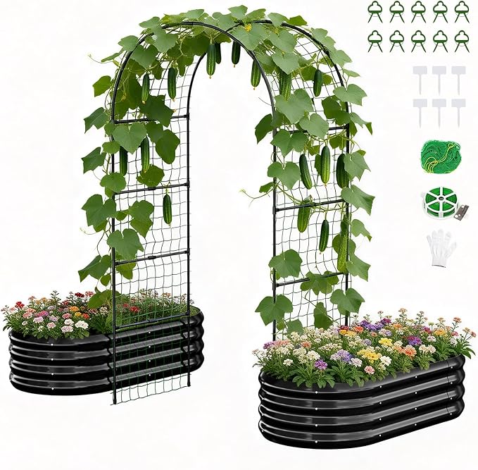 3 in 1 Galvanized Raised Garden Bed with 87 H Arch Trellis for Climbing Plants Outdoor Gardening Planter Box with Climbing Net for Flower Vegetables Fruits Herbs Black