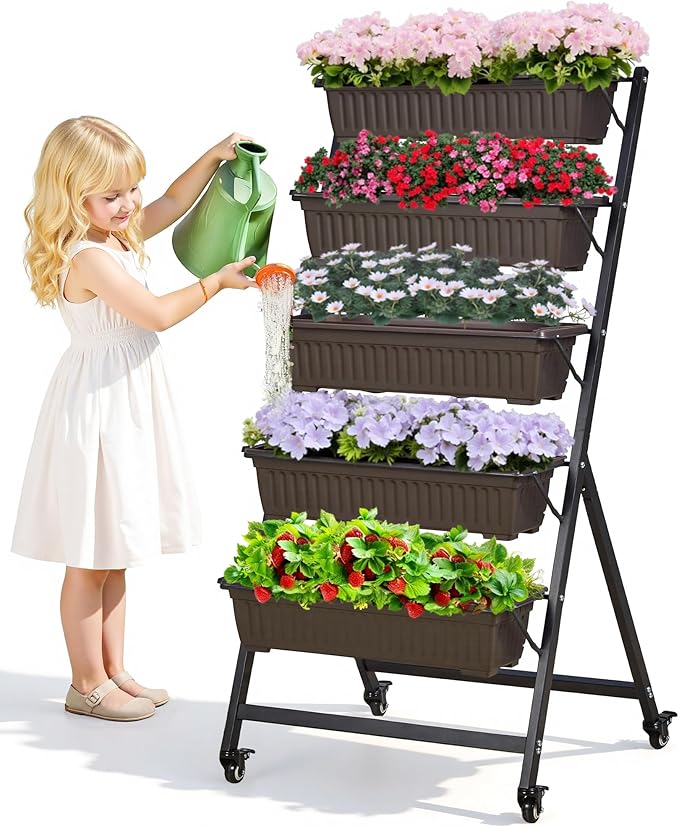 VECELO 5-Tier Vertical Garden Bed Freestanding Elevated Raised Garden Planter with 5 Garden Planter Boxes Lockable Caster Wheels Drainage System for Plants Vegetables Flowers Herbs