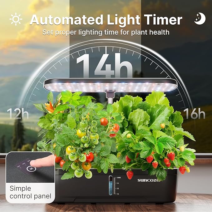 SUNCOZE Hydroponics Growing System Kit 12 Pods Indoor herb Garden with 20W LED Grow Light Visible Water Tank with Pump 2.2-12.4 Adjustable Height Indoor Gardening System Gardening Gifts Black