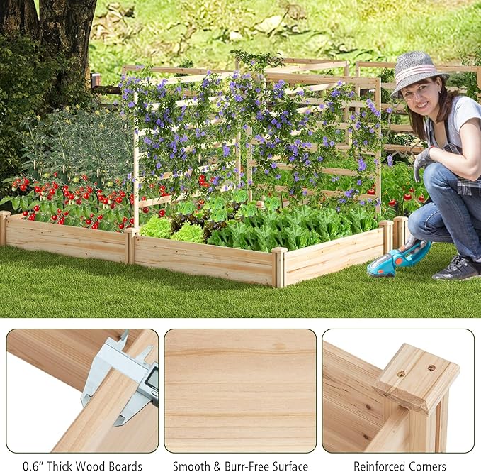 Raised Garden Bed with 3 Trellis &amp 2 Planter Boxes 88”L x 45”W x 43”H Outdoor Rectangular Raised Beds Wooden Gardening Planter for Climbing Vines Flowers Herbs Vegetables Fruits