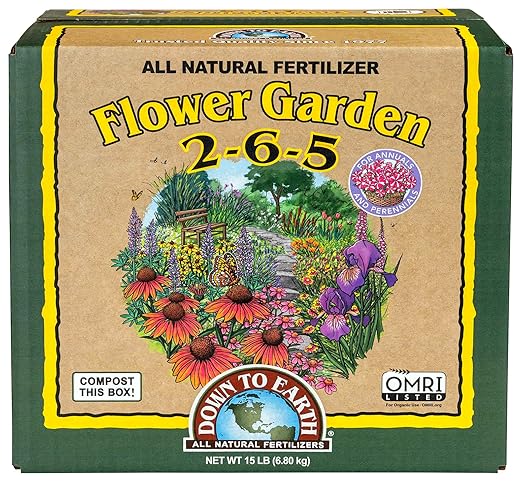 Down To Earth All Natural Fertilizers Organic Flower Garden - Plant Food for Blooming Annuals Perennials and Flowering Shrubs 2-6-5 15 lb
